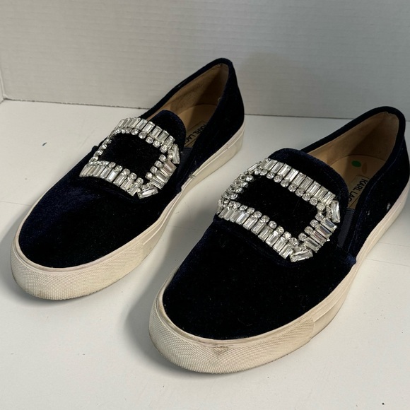 Karl Lagerfeld Navy Velvet Slip on Shoes with Diamond Buckle. Size 8,5 - Picture 9 of 9